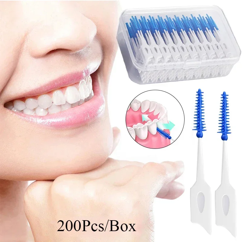 200pcs Interdental Silicone Brushes Dental Toothpicks Brush Between Teeth Silicone Toothpicks With Thread Oral Cleaning Tool