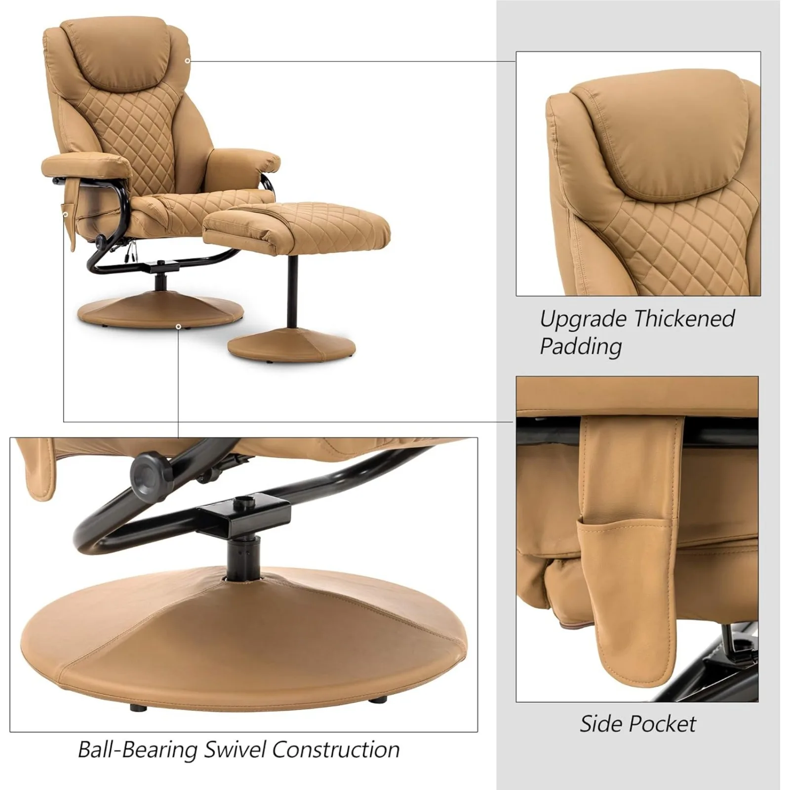 US Recliner with Ottoman, เก้าอี้นอนพร้อมระบบนวด, เก้าอี้ห้องนั่งเล่นหมุนได้ 360 องศาหนังเทียม, 4901