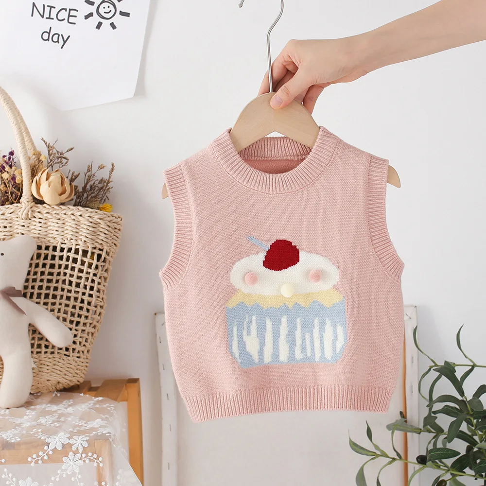 Sweet Baby Girls Knitted Vest Spring Autumn Sleeveless Cartoon Casual Tops Toddler Girl Pullover Sweater Knitwear