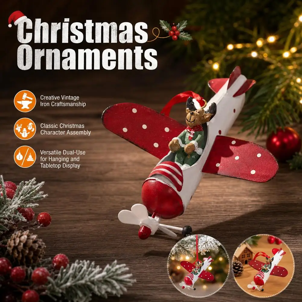 Christmas Vintage Metal Airplane Hanging Pendant Snowman Doll Hanging Ornament Dual Use for Tree Hanging Tabletop Display