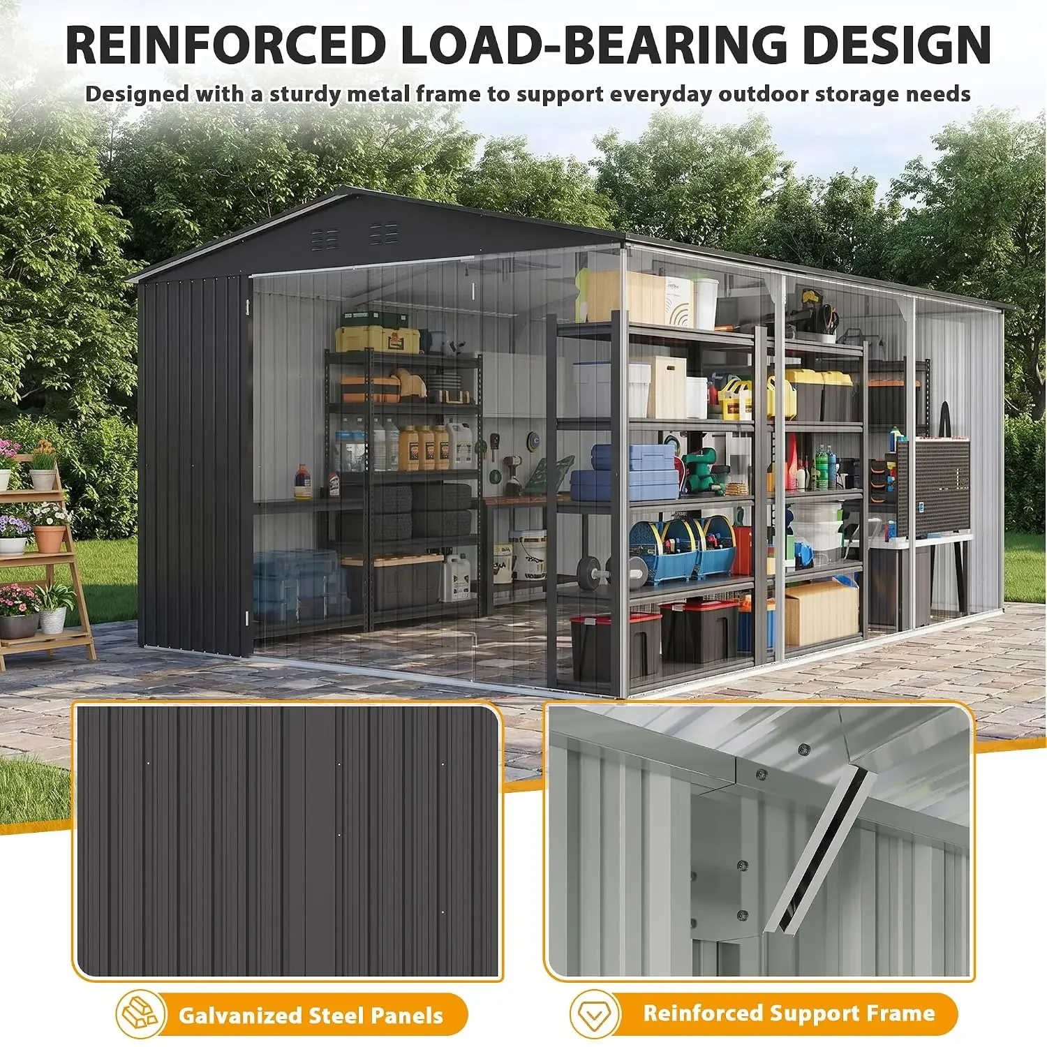 Outdoor Storage Shed, Metal Garden Shed with Lockable Door & Sloped Roof, Large Waterproof Utility Tool Shed, Custom