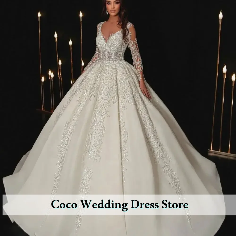 Роскошное кружевное бальное платье с вышивкой по индивидуальному заказу, свадебные платья с длинными рукавами, расшитое бисером и жемчугом, платья со шлейфом, Vestido de Noiva