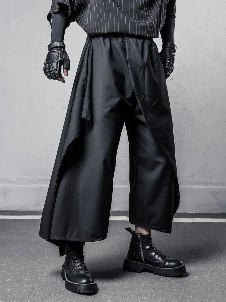 Dark Spring Summer Samurai Skirt Pants Men's Wide Leg Eighteen Casual Pants Swordsmanship Trousers Asymmetrical Design