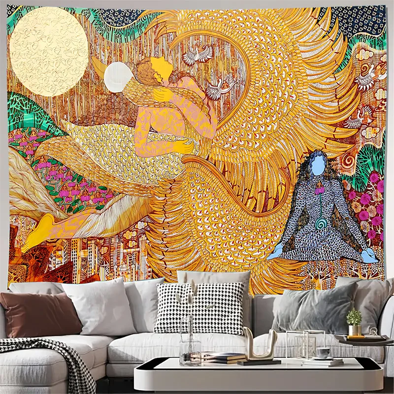 Golden Phoenix Meditation Spirit Art Wall Tapestry Machine Washable All Season Decor Print Home Enhance spatial aesthetics