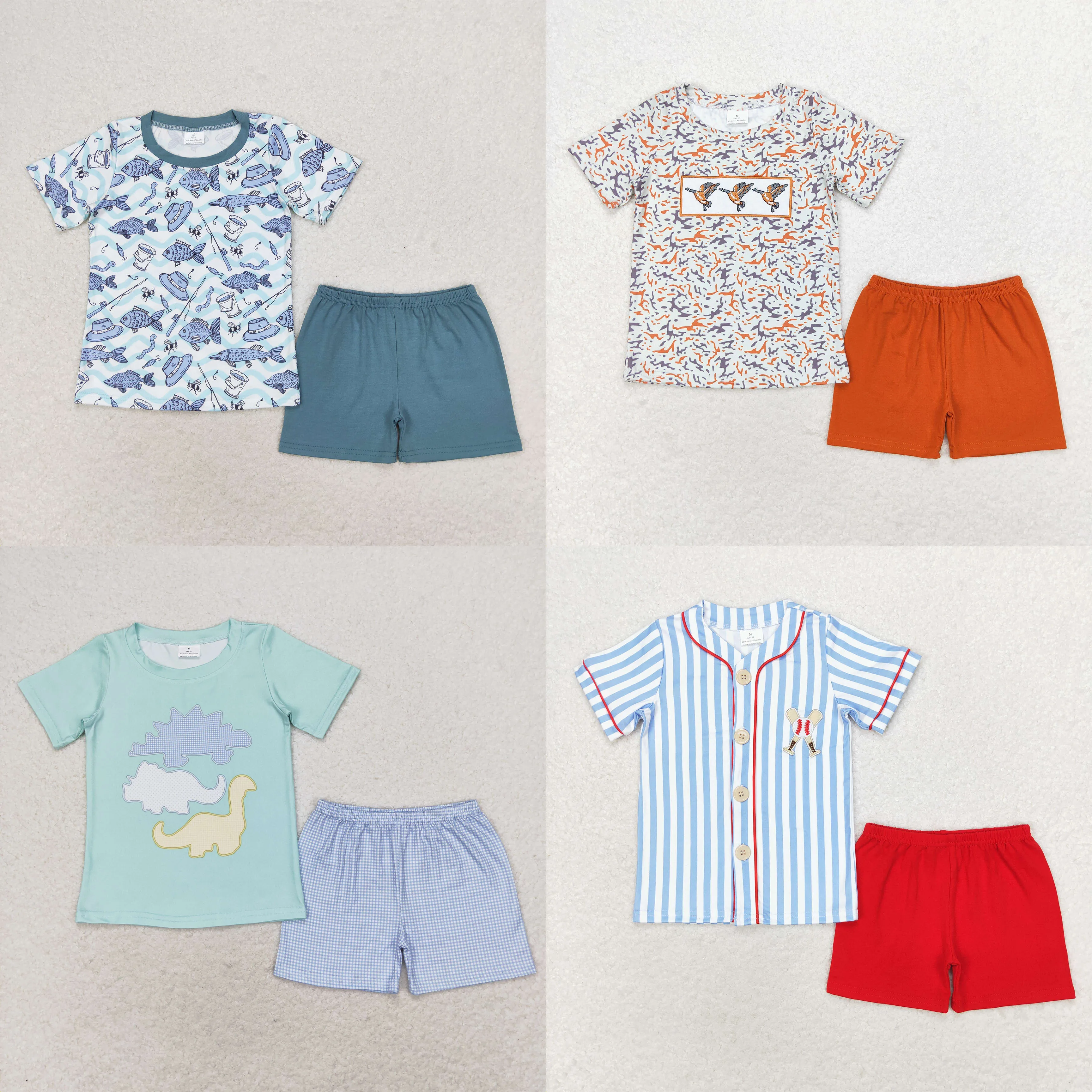 Wholesale Baby Boy Short Sleeves Tractors Fish Dinosaurs Shirts Set Toddler Infant Shorts Kids Children Summer Two Pieces Outfit