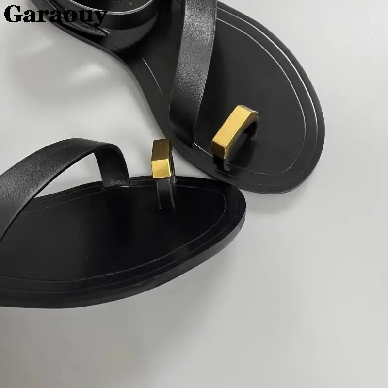 Garaouy Summer Genuine Leather Exposed Toe Ankle Strap Sandals For Women Metal Decoration Beach Flat Shoes Female Simple Casual