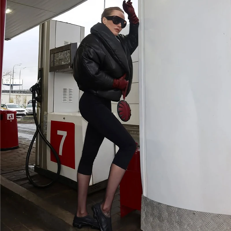 Damen-Crop-Mäntel aus PU-Leder, übergroße, gesteppte Jacken, Winterjacken für Damen, mit Revers, langen Ärmeln, einfarbig, locker geschnitten, kurze Jacke, neue Oberbekleidung. – Detail 15