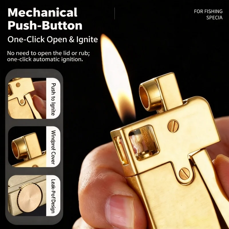 New Premium Retro Push Button Lamp Oil Lighter One-Click Ignite Open Flame Zinc Alloy Ultra Thin Portable Men Collection Gift