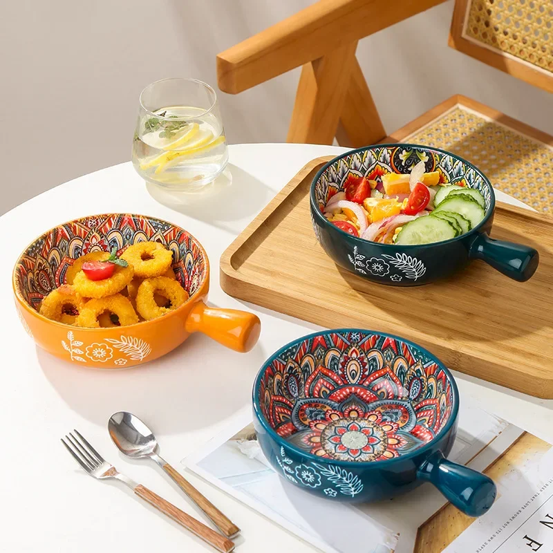 Bohemian Relief Ceramic Single Handle Bowl, Household Soup Bowl, Dessert Bowl, Tableware, Kitchen Utensils, Microwave and Oven