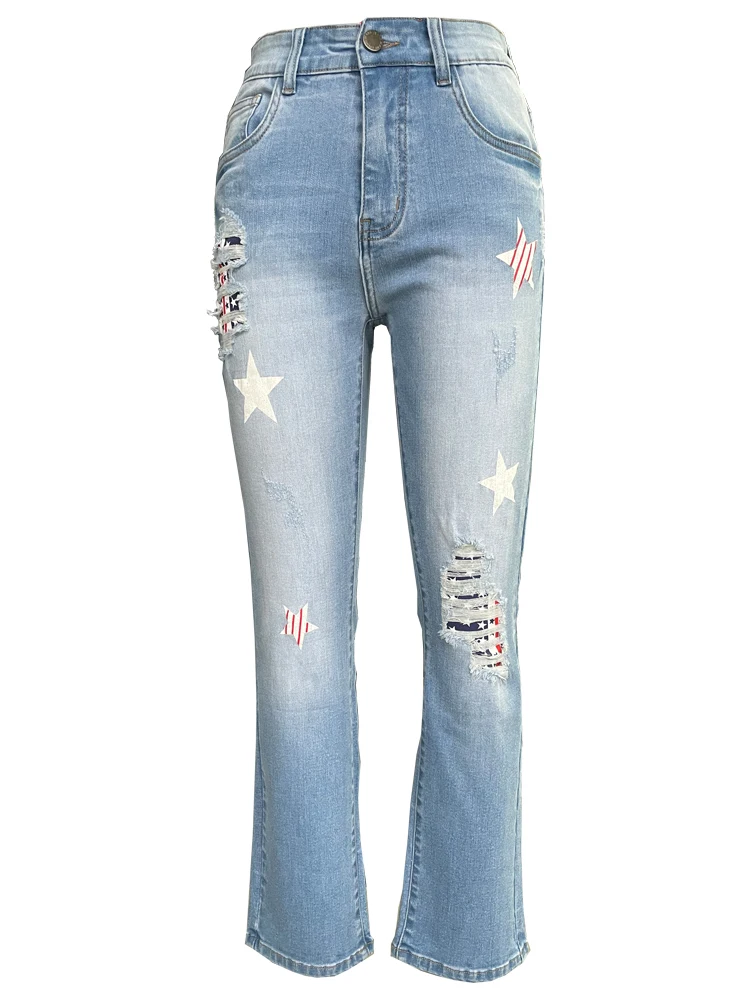 

Women Embroidered Star Vintage Ripped jeans Middle Waist Vaqueros Stretch Pantalones Fashionable slim legs Jean Straight Pants