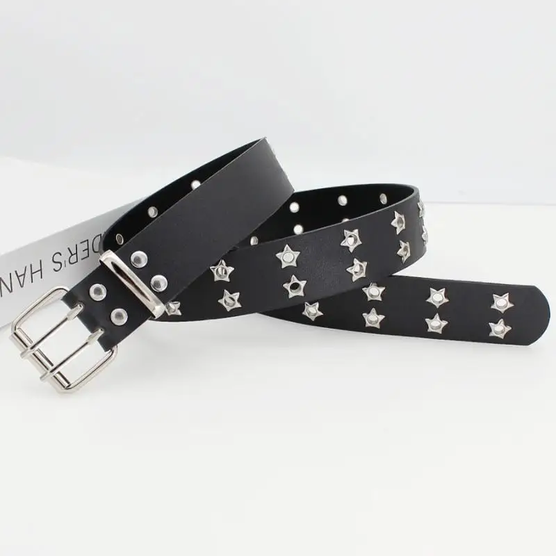 Black Studded Faux Leather Belt 1Pcs Silver Star Decor Double Prong Buckle Adjustable for Men Women Casual Jeans Wear