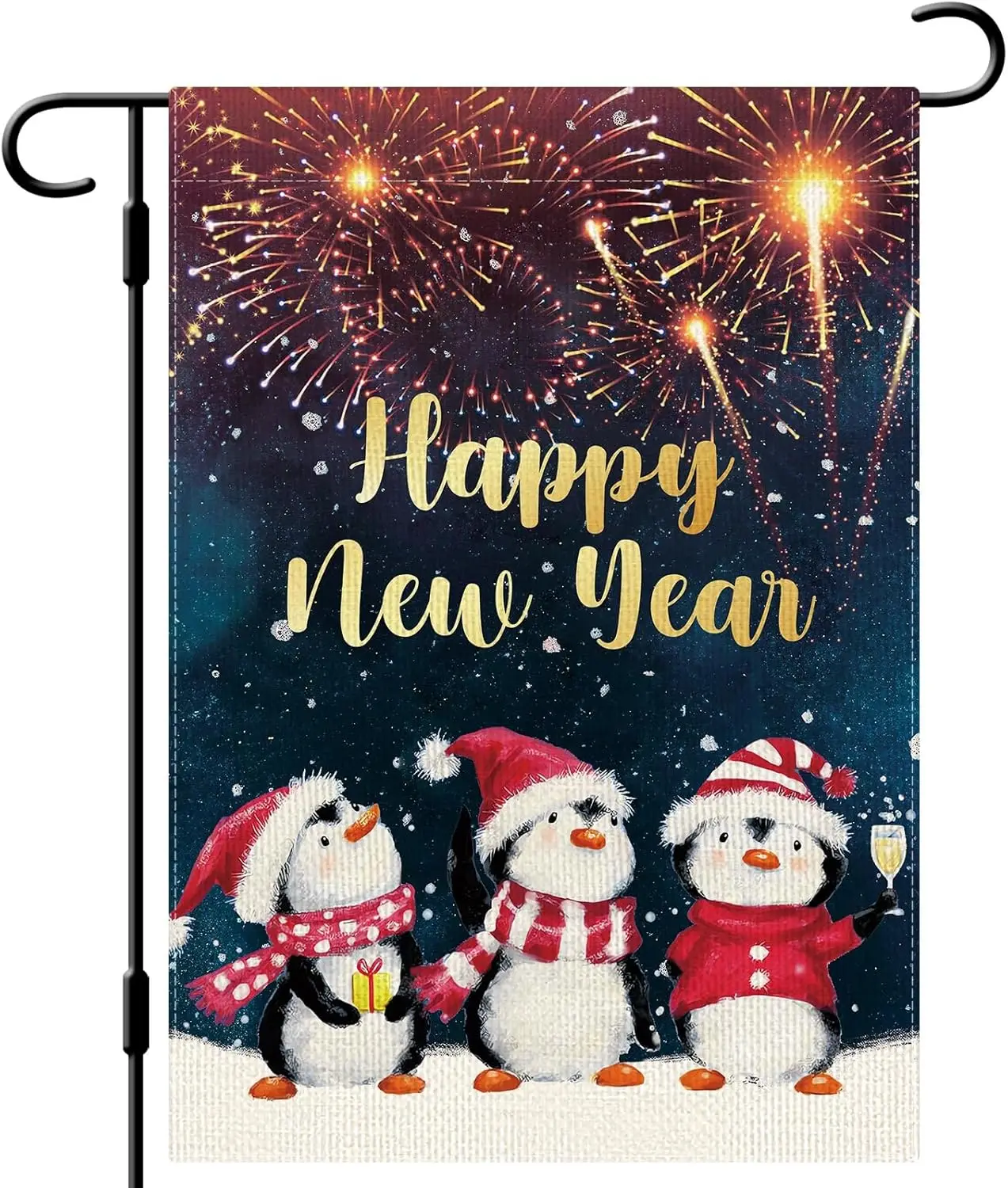 DLZDN Happy New Year Garden Flag Fireworks Penguin Garden Flag 12×18 Inch Double Sided Vertical Burlap Farmhouse Yard Flag Holid