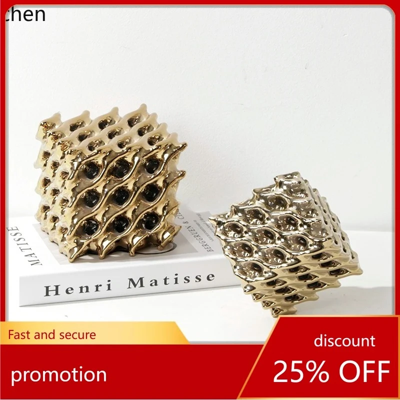 PYH Modern Light Luxury 3D Geometric Cube Ceramic Hollow Ornament Sales Office Bookshelf Desktop Soft Decoration