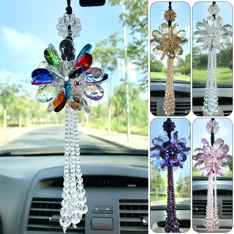 Crystal Sun Flower Tassel Craft Pendant Petals Car Hanging Ornament Auto Rear View Mirror Decor Car Styling Accessories Women