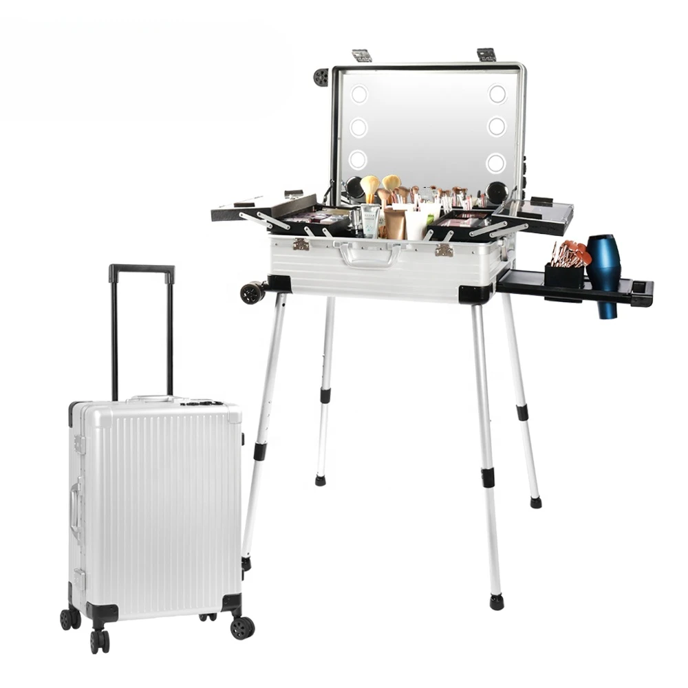 New style aluminum woman's makeup luggage Beauty Makeup travel Trolley bags with LED Light Mirror Suitcase Folding Table case