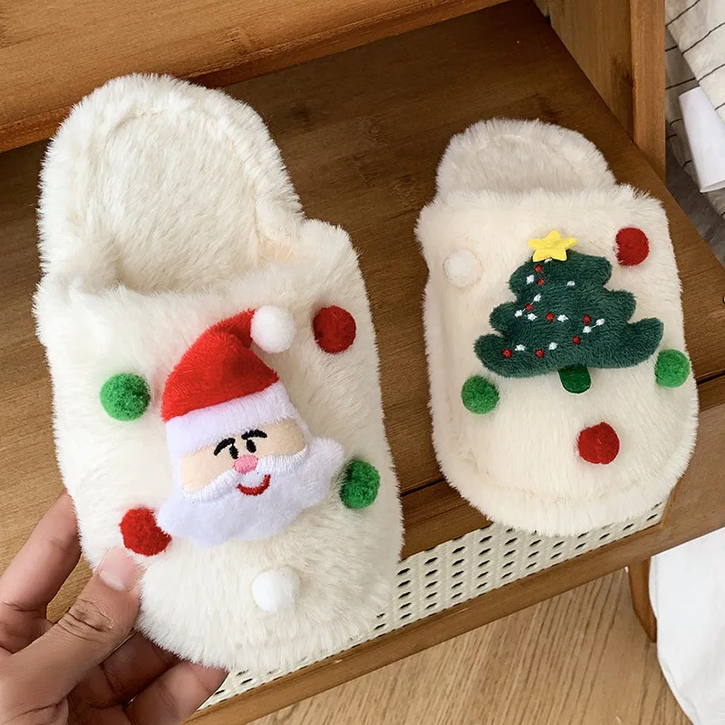 

2026 Christmas Kids Plush Slippers Autumn Winter Flat Bottom Cotton Shoes Female Warm Home Soft Bottom Anti-Slip Fur Slippers