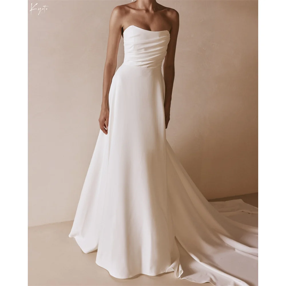 

Kyoto Customized White Strapless Detachable Straps Wedding Dress Pleats Button Back vestidos de novia A-line Long Train Formal