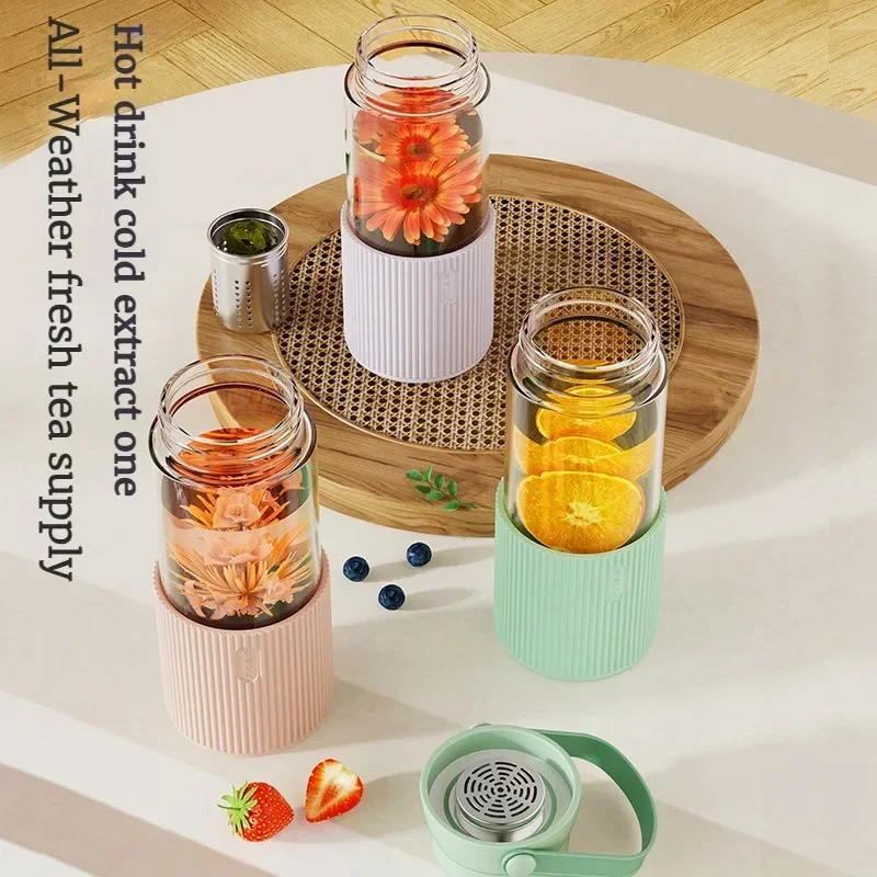 High Borosilicate Light Luxury Glass Water Bottle Color Transparent Teacup Portable Handle Outdoor Travel Tea Mug Flask