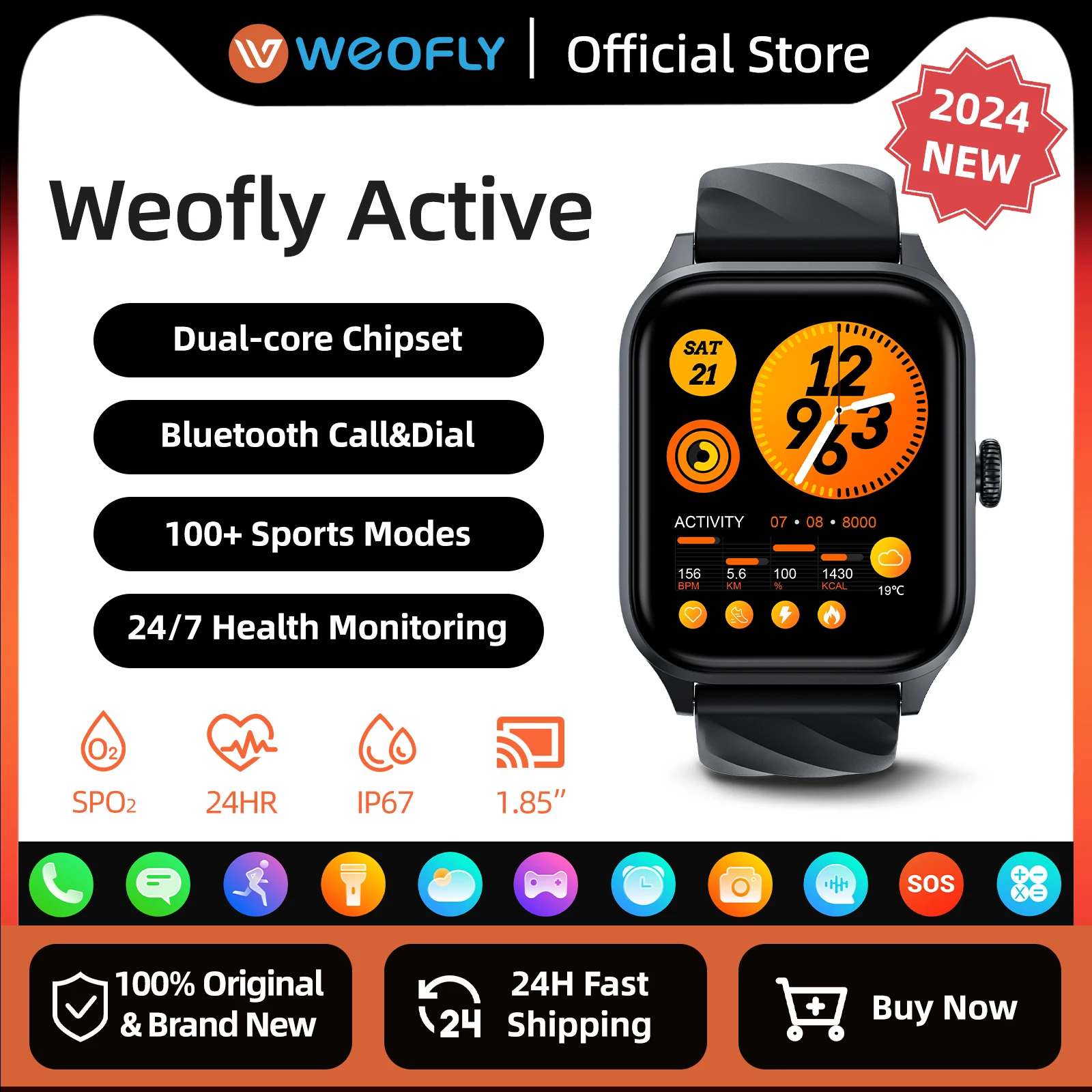 Weofly Active 1 Uds BT llamadas de voz reloj inteligente 1,85 pulgadas Monitor de ritmo cardíaco 100 modos deportivos reloj inteligente para hombres pulsera de Fitness