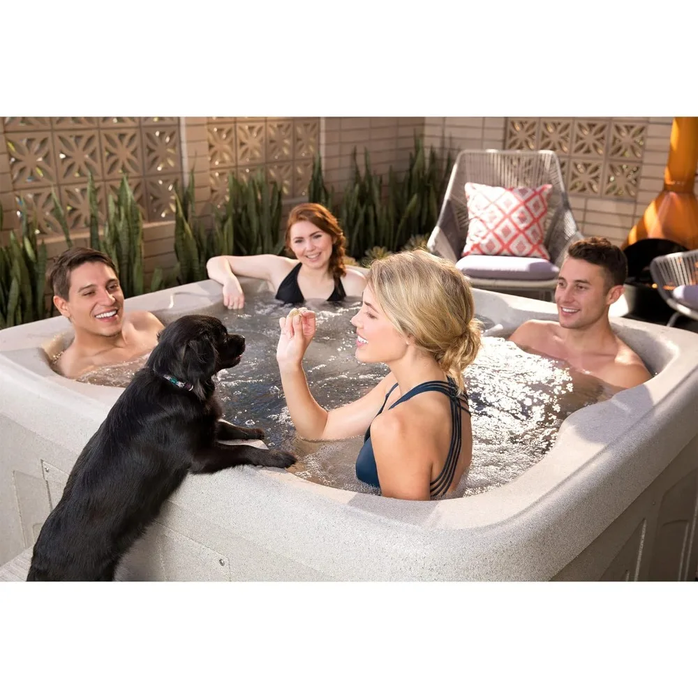 Sand 4 Person Plug & Play Hot Friction Heated Square Hot Tub Spa with 13 Nozzles, LED Lighting System