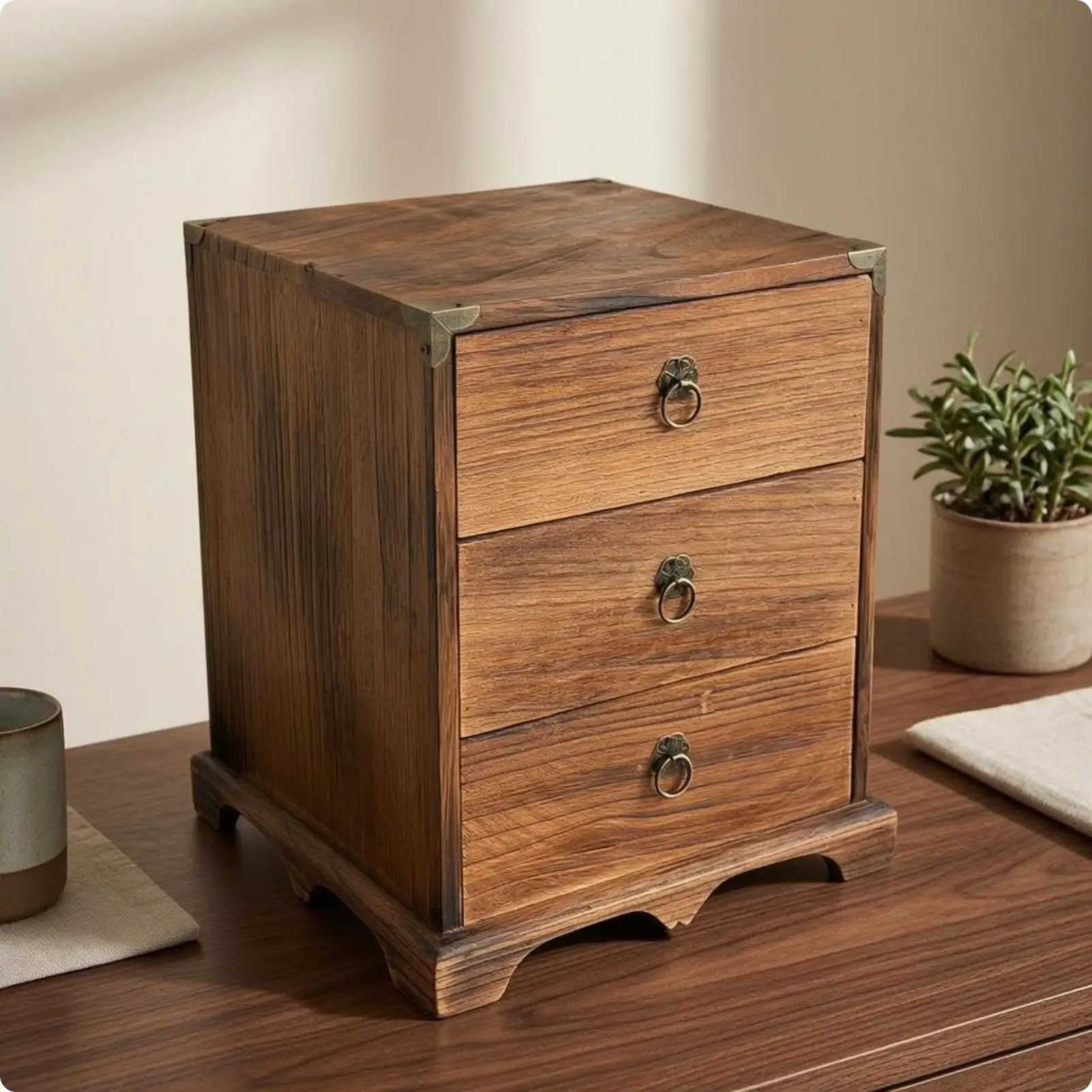Rustic Desktop Storage Cabinet Wood-Grain Finish 3-Drawer Wooden Cabinet Dark Metal Accents Wooden Desk Organizer