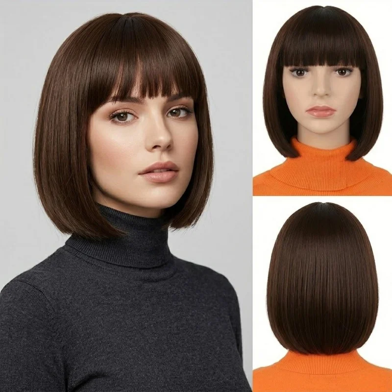

10Inch Dark Brown Straight Bob Synthetic Wig with Flat Bangs, ideal for cosplay, party & daily costume styling for ladies.