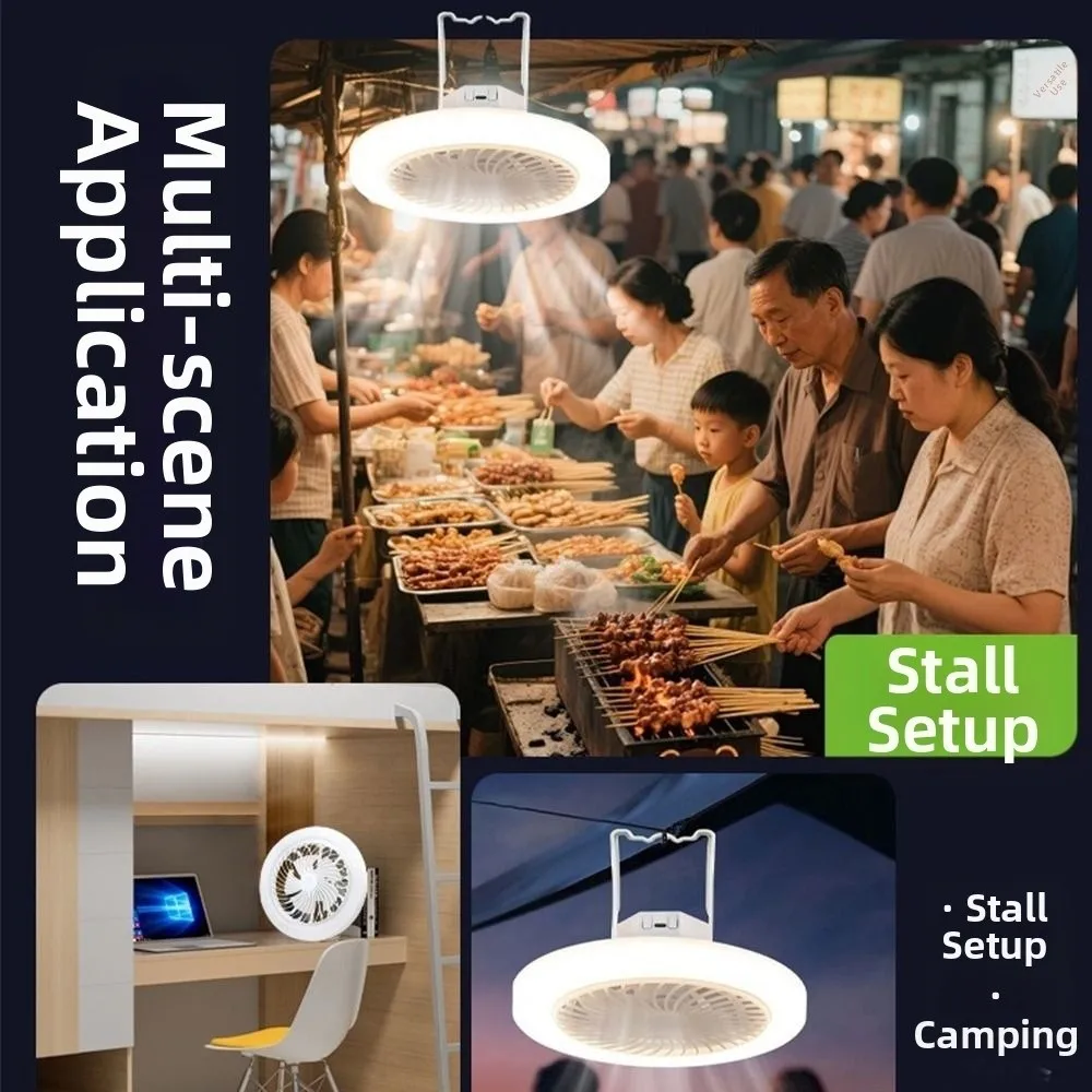 USB Rechargeable Ceiling Fan Light Energy Saving 3 Color Light Modes Hanging Fan Lamp Hooked & Stand Design Super Quiet