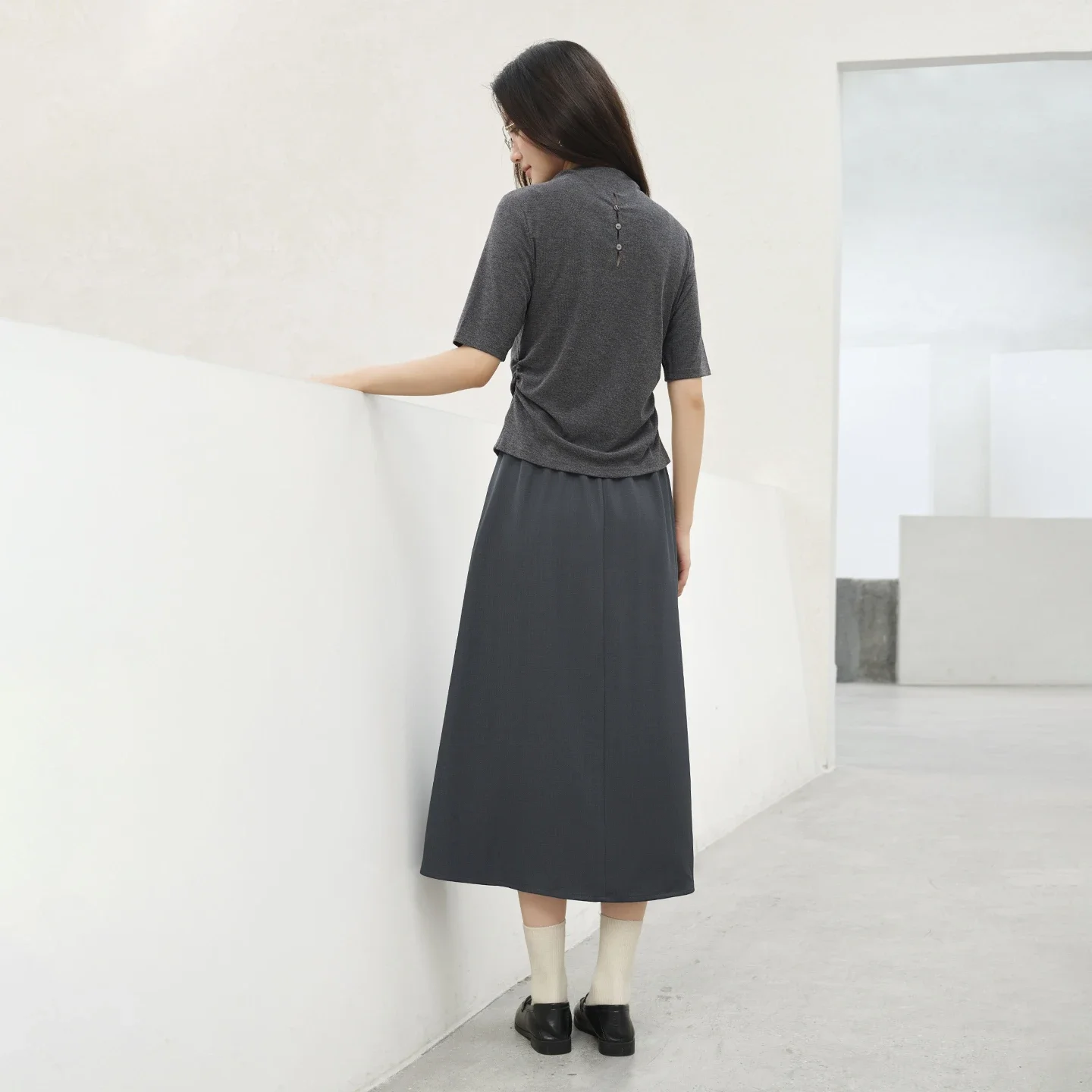 SENTUBILA Women's Gray Summer Suit 2 Piece Sets Woman Outfits 2026 Short Sleeve Knit Top Pleated Skirt Office Clothes W63ZC8053