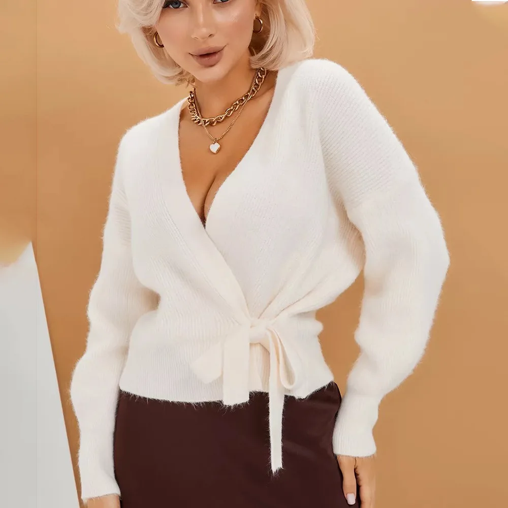 Suéter de punto de viento suave para mujer, abrigo con lazo, manga larga, holgado, versátil, a la moda, Top con cuello tipo Polo sin mangas