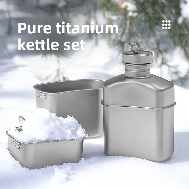 Outdoor Camping Pure Titanium Large-capacity Kettle Folding Handle Lunch Box Mountaineering Travel Portable Sports Set