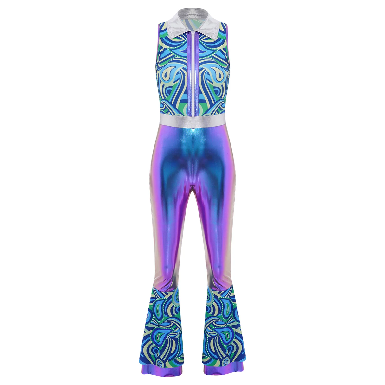 Womens Halloween Cosplay Costume Metallic Jumpsuit 70s 80s Disco Outfit Prom ClubwearLapel Shiny Flared Long Pants Rompers
