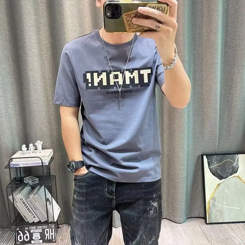 تي شيرت رجالي ضيق بنصف كم أخضر ، قمم قطنية كاجوال برسومات ، قميص مطبوع بحروف ، تيشيرتات عصرية للشباب ، صيف ، جديد ،