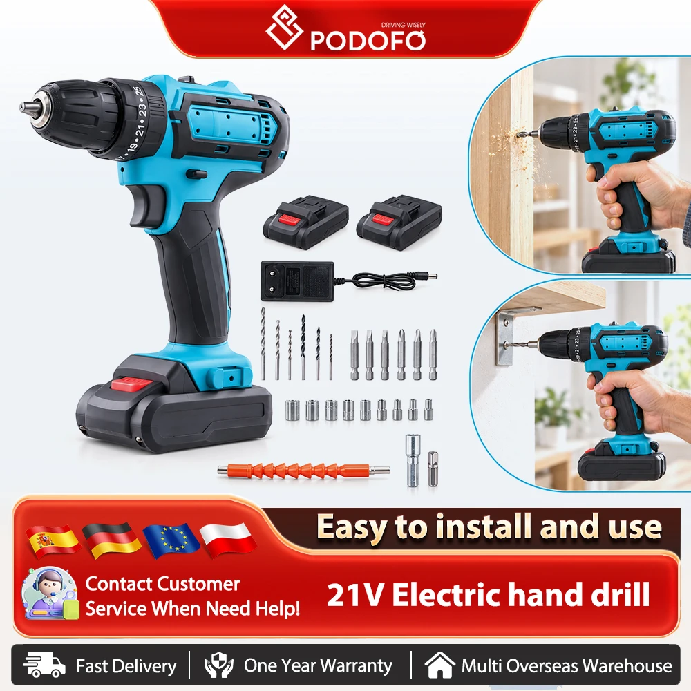 Trapano elettrico e cacciavite Podofo con frizione 25+3, 2 velocità, rotazione avanti e indietro, trapano elettrico portatile senza fili, utensili elettrici a batteria con luce da lavoro a LED e