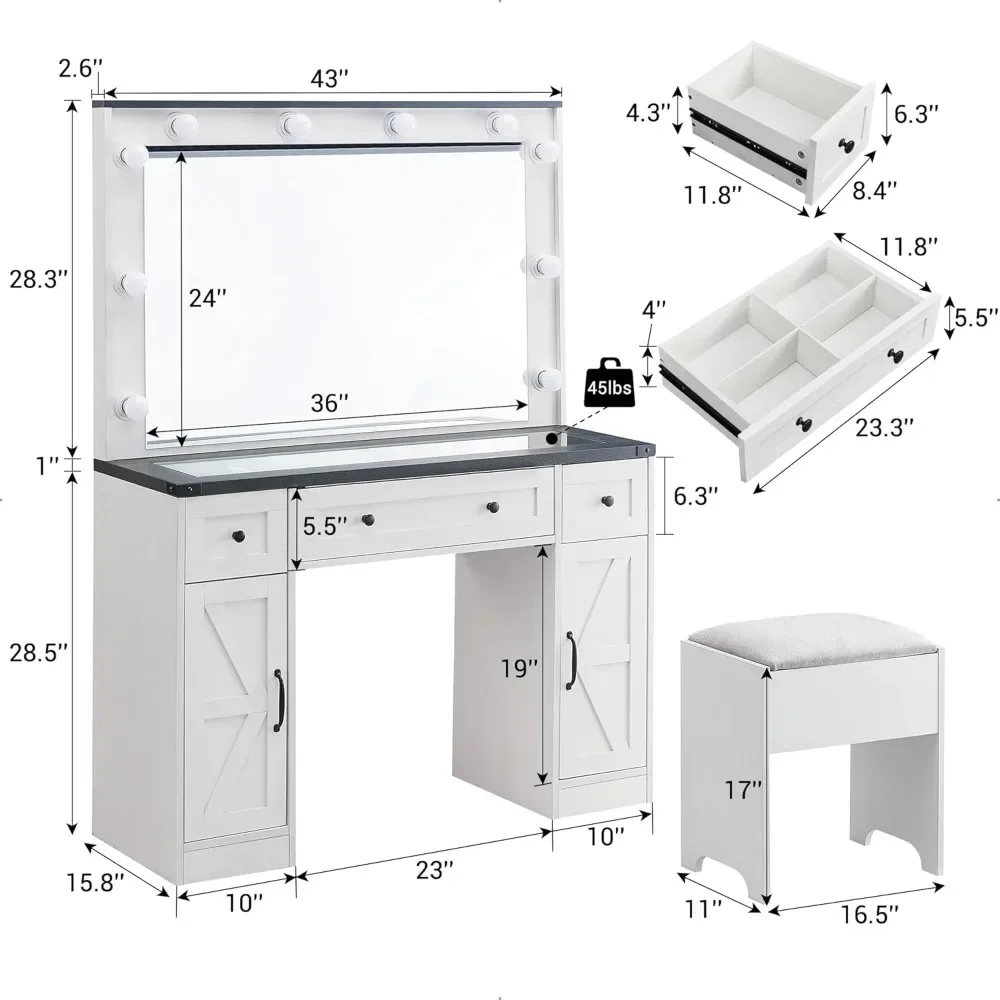 Vanity Desk with Makeup Mirror with 3 Drawers & 2 Cabinets, Detachable Light Bulbs, Stool Included, Vanity Desk