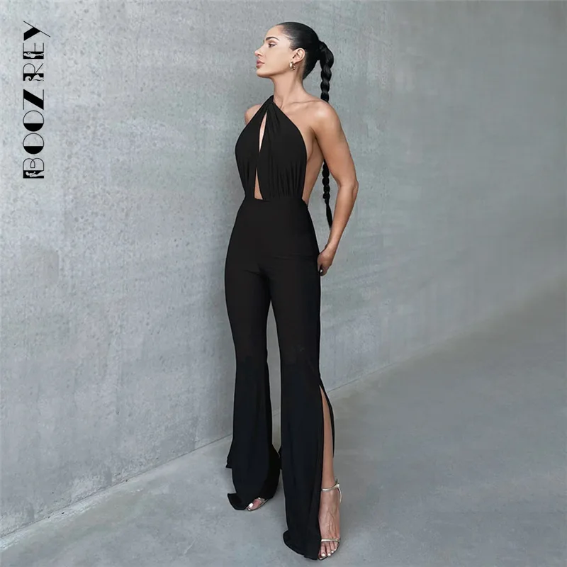 

BoozRey Fashion Neckless Sexy Hollow Out Backless Jumpsuit for Women Summer Slim High Waist Micro Slim Slit Trousers Jumpsuit