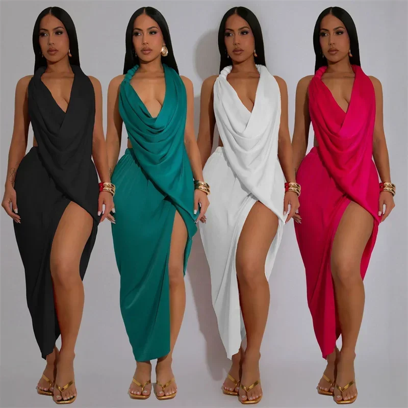 

Sexy Halter Backless Maxi Dress Women Sleeveless V-neck Ruched High Split Prom Night Club Party Long Dresses Birthday