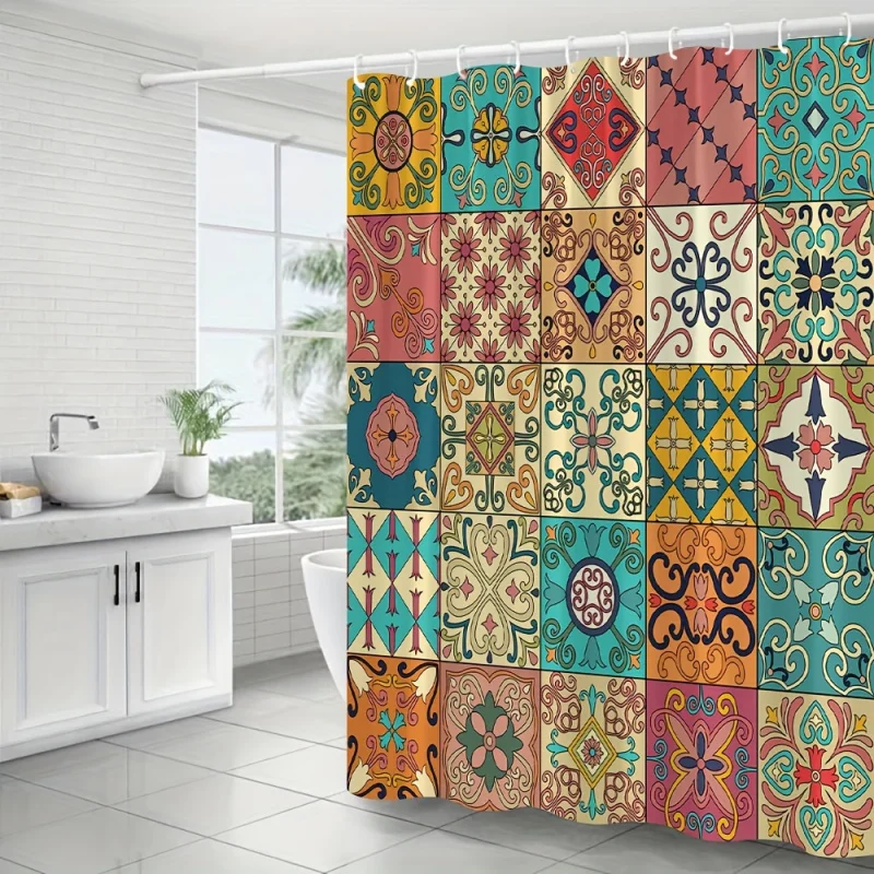 1pc boho patchwork print shower curtain, waterproof shower curtain with hooks, wall decoration pendant, bathtub partition, bathr