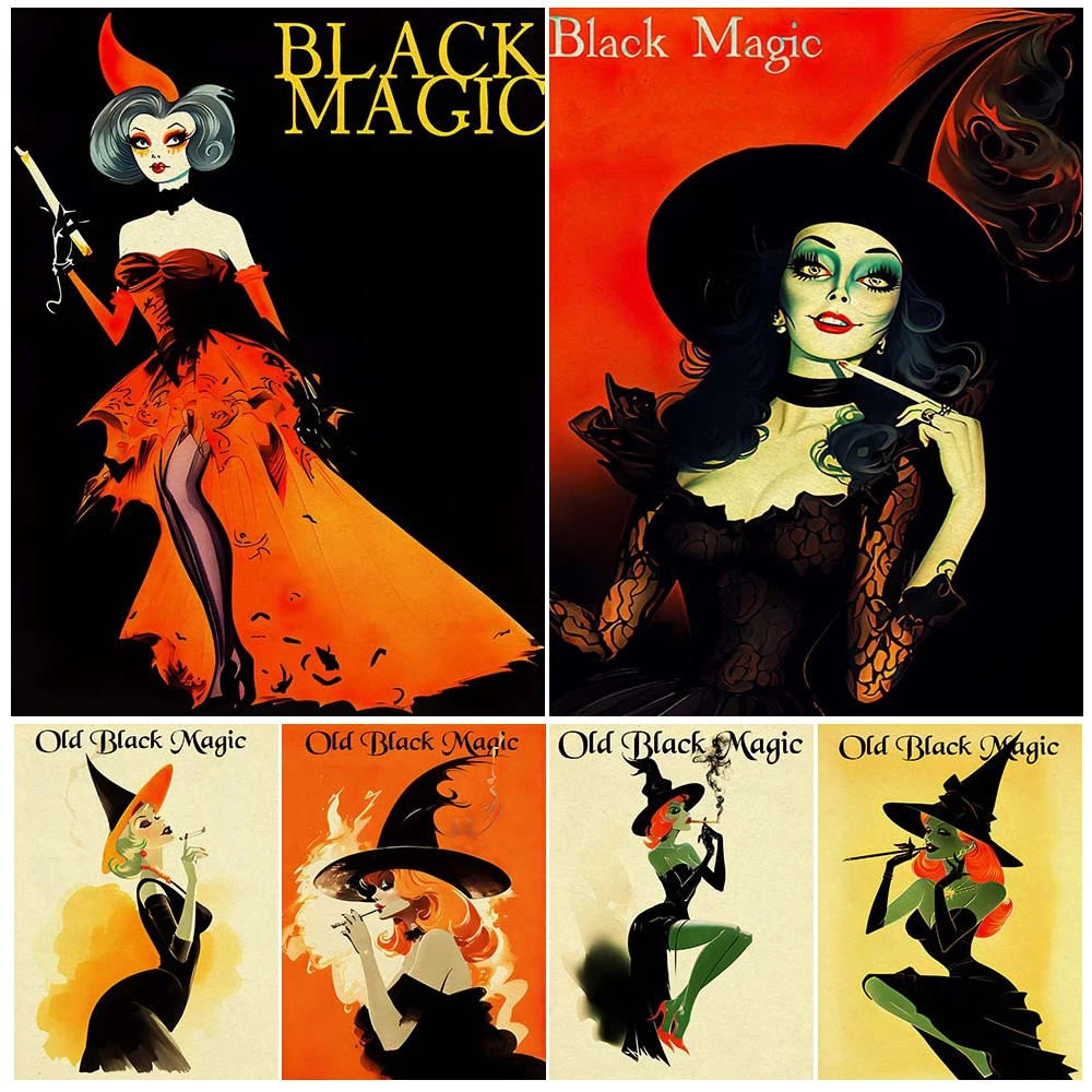 

Black Magic Halloween Witch Vintage Wall Art Canvas Painting Smoking Witch Dark Academia Gothic Art Poster And Print Home Decor
