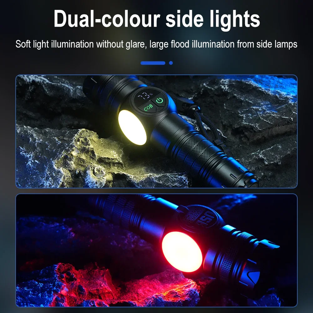 BORUiT LED Flashlight Ultra Bright 800LM 18650 Zoom Torch USB Charging Magnetic Work Light With Digital Display Camping Lantern