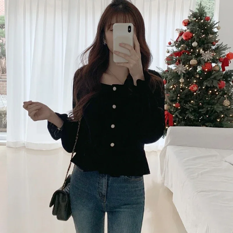 Black Shirts Women Vintage Puff Sleeve Square Collar French Tops Camisa All-match Streetwear Ulzzang Stylish Camisas De Mujer