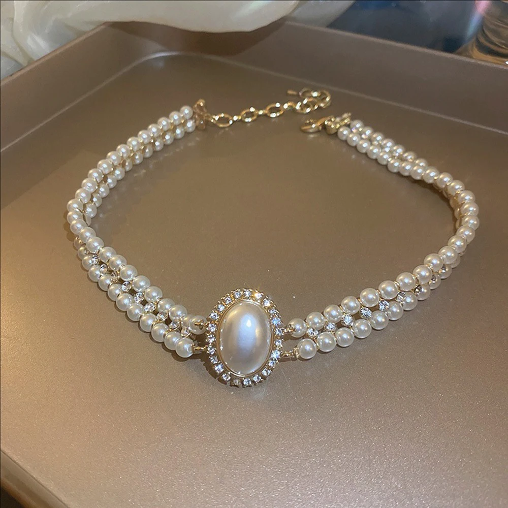Baroque Oval Pearl Double Necklace Fashion Temperament Choker Retro Mori Exaggerated Collars For Women