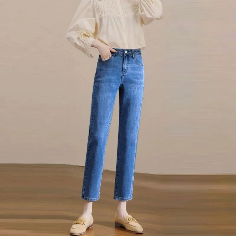 한국식 스트레이트 레그 청바지 여성 빈티지 하이 웨이스트 탄성 슬리밍 크롭 팬츠 부드러운 실루엣 가을/겨울