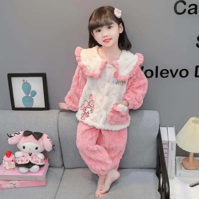 Sanrios Child Pajamas Coral Fleece Girl Kawaii Cartoon Autumn Winter Thicken Keep Warm Plus Velvet Child Lounge Clothes Suit