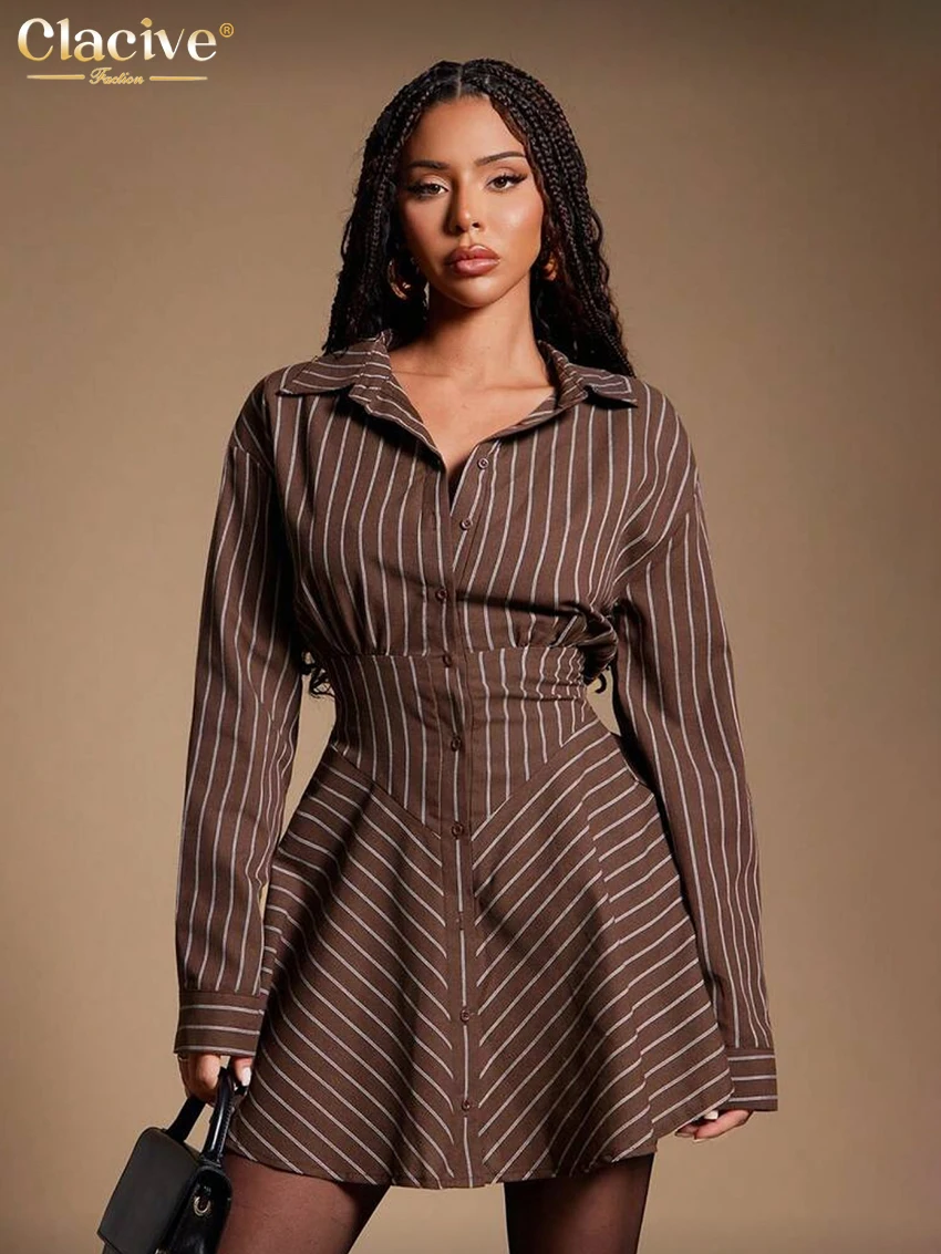 

Clacive Fashion Loose Print Women Dress 2026 Spring Lapel Long Sleeve Mini Dresses Lady Elegant Classic High Waist Female Dress