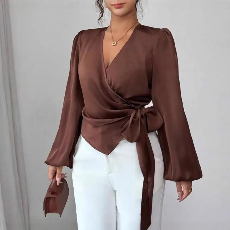 Womens Satin Wrap Blouse V Neck Long Sleeve Puff Sleeve Tie Waist Slim Fit Elegant Casual Shirts