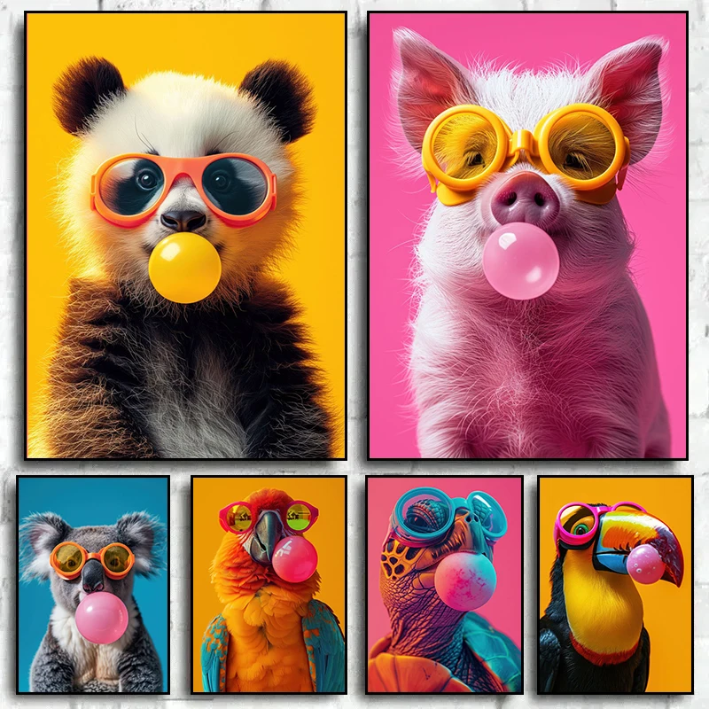 Póster impreso en lienzo de chicle rosa con animales coloridos, pintura artística de pared de dibujos animados de animales bonitos, decoración moderna para el hogar, habitación de bebé y guardería