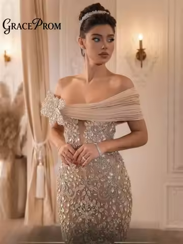 Luxury Off-Shoulder Evening Dress Exquisite Sleeveless Crystal Evening Gown Romantic Applique A-Line Floor-Length Party Gown