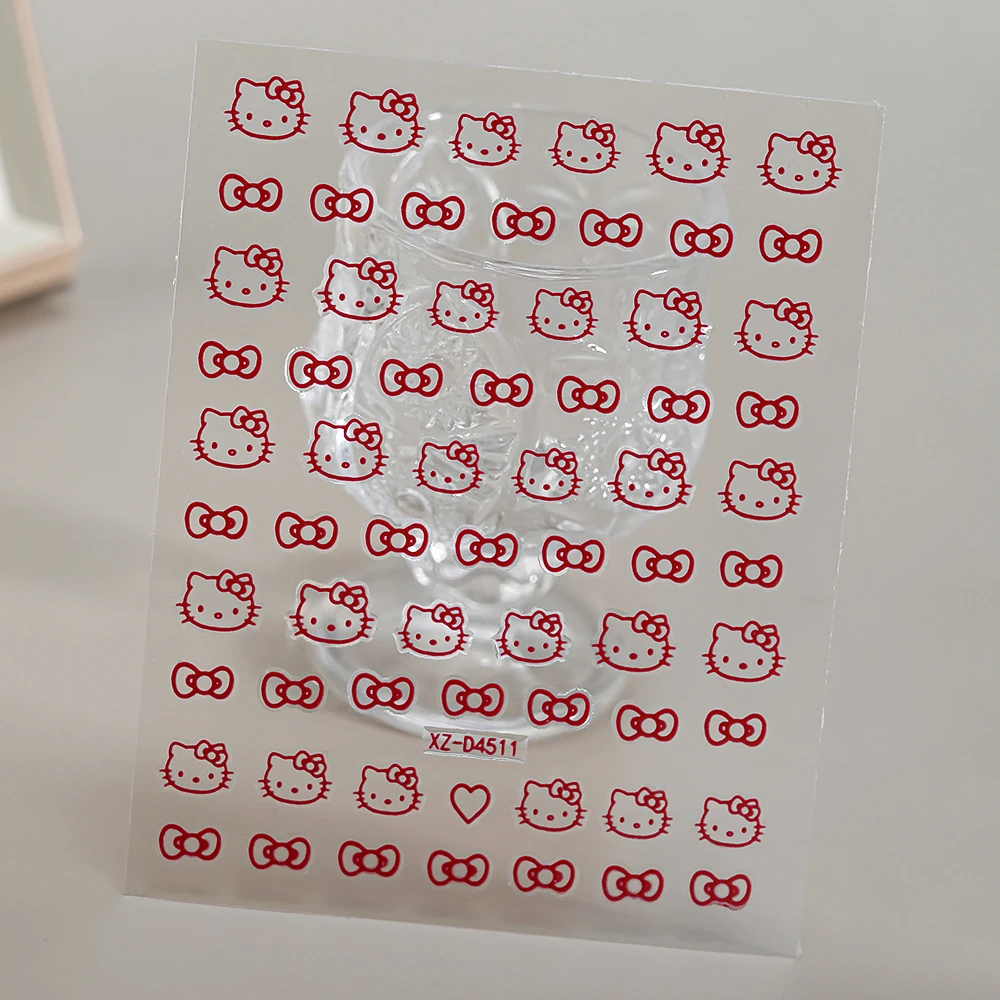 1pcs สีแดง Hello Kitty 3D การ์ตูนสติกเกอร์เล็บ Self-Adhesive วันวาเลนไทน์หัวใจริมฝีปากเล็บ Decals ดอกไม้ตกแต่งเล็บ