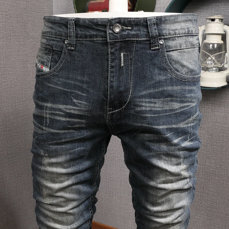 Fashion Vintage Men Jeans Retro Black Blue Elastic Stretch Slim Ripped Jeans Men Distressed Washed Designer Denim Pants Hombre