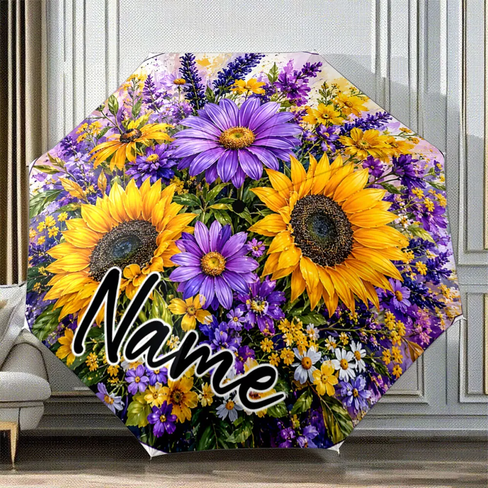 Custom Name Umbrella Sunflower and Lavender Floral Garden 8 Iron Ribs Folding Umbrella Auto-Open Fashion Sunshade